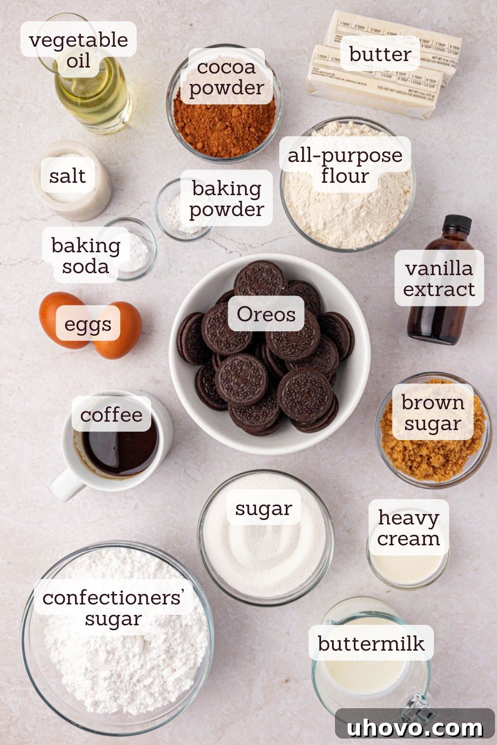 Decadent Oreo Sheet Cake with Creamy Oreo Frosting 3 overhead view of ingredients for Oreo sheet cake with cookies and cream frosting