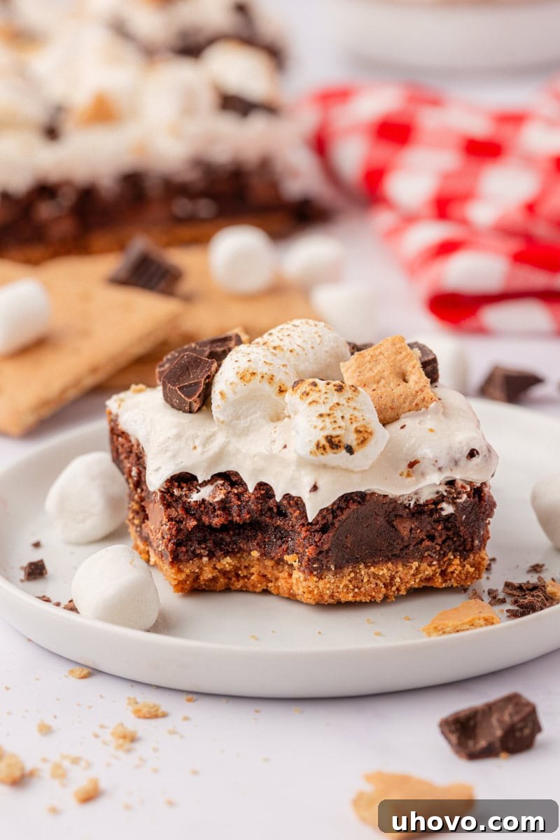 a s'mores brownie featuring a graham cracker crust, fudgy brownie, and marshmallow frosting
