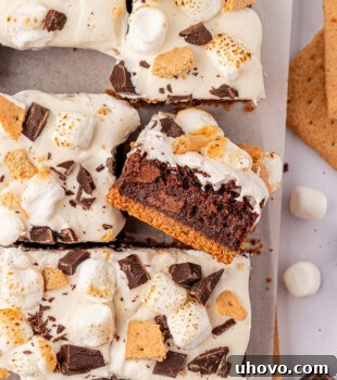 overhead view of s'mores brownies featuring graham crackers, chocolate, and marshmallows