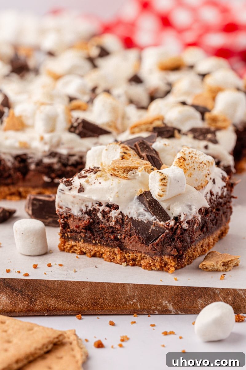 fudgy s'mores brownies with a graham cracker crust and marshmallow frosting