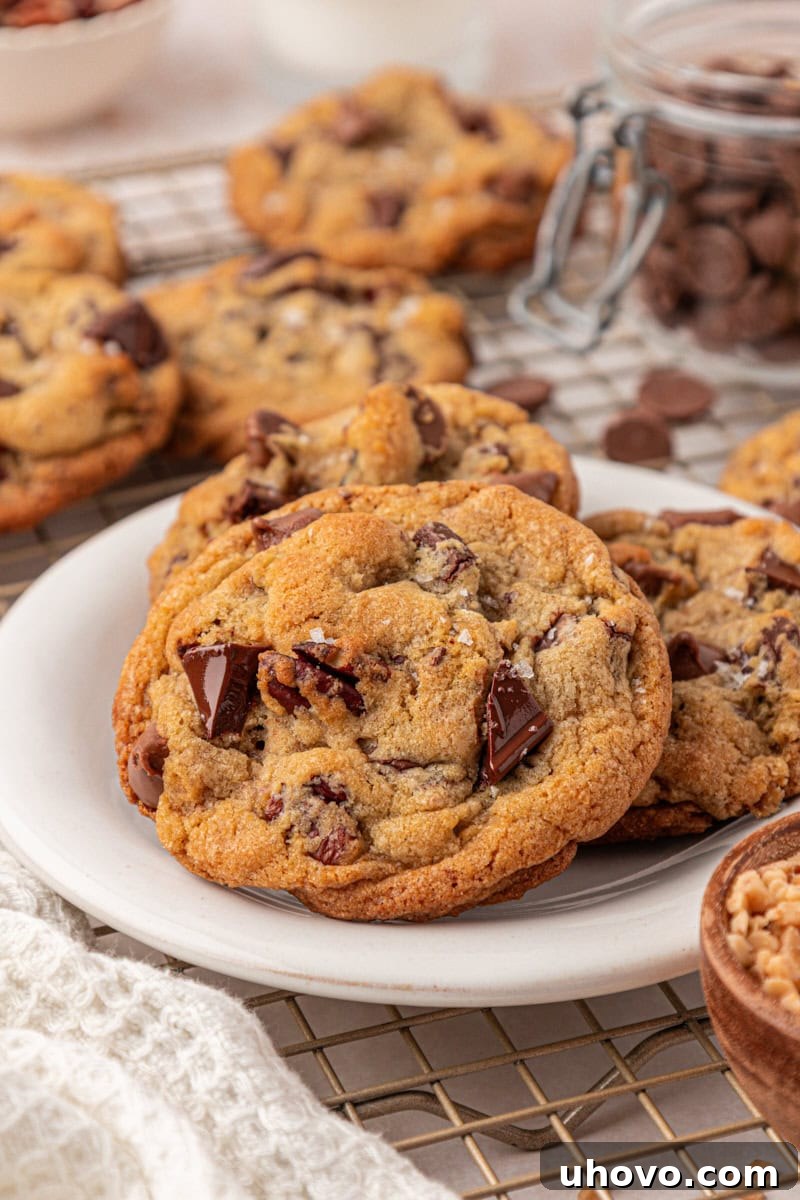 Gooey Loaded Chocolate Chip Cookies 2 bakery-style loaded chocolate chip cookies on a white plate with more cookies in the background