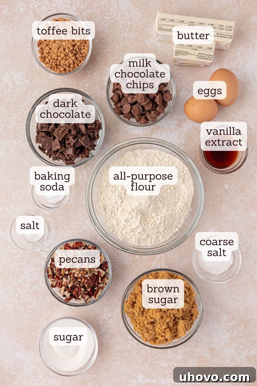 Gooey Loaded Chocolate Chip Cookies 3 overhead view of ingredients for loaded chocolate chip cookies