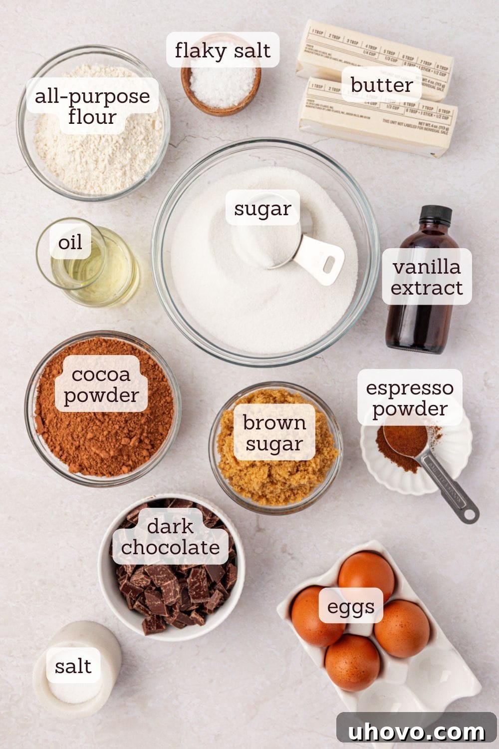 overhead view of ingredients for sheet pan brownies