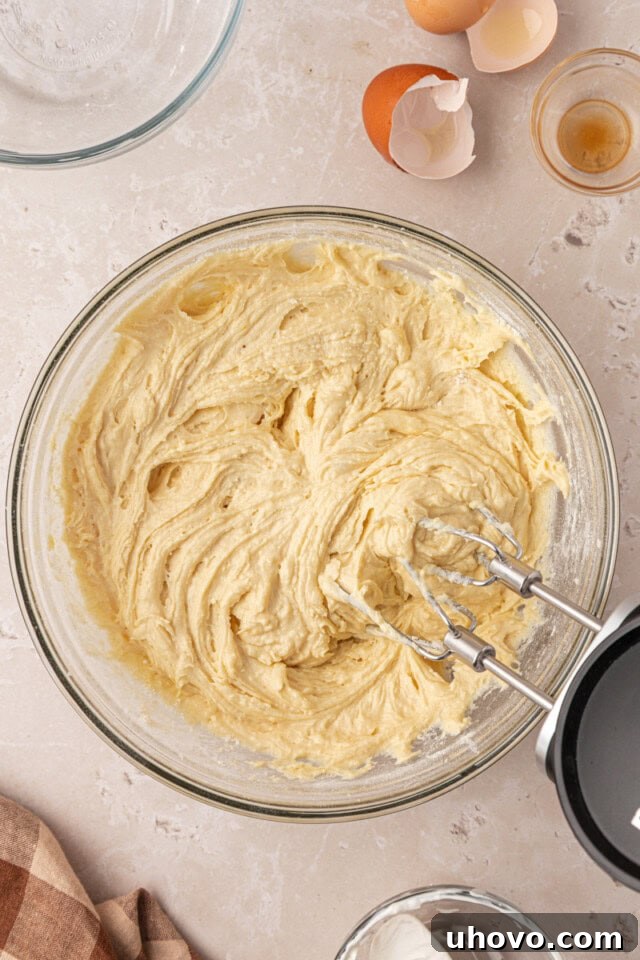 Classic Marble Loaf Cake Recipe 5 overhead view of vanilla cake batter in a mixing bowl