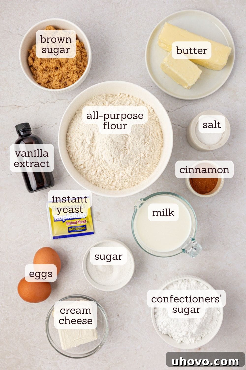 Overnight Cinnamon Roll Recipe for Fluffy Morning Pastry 3 overhead view of ingredients for overnight cinnamon rolls