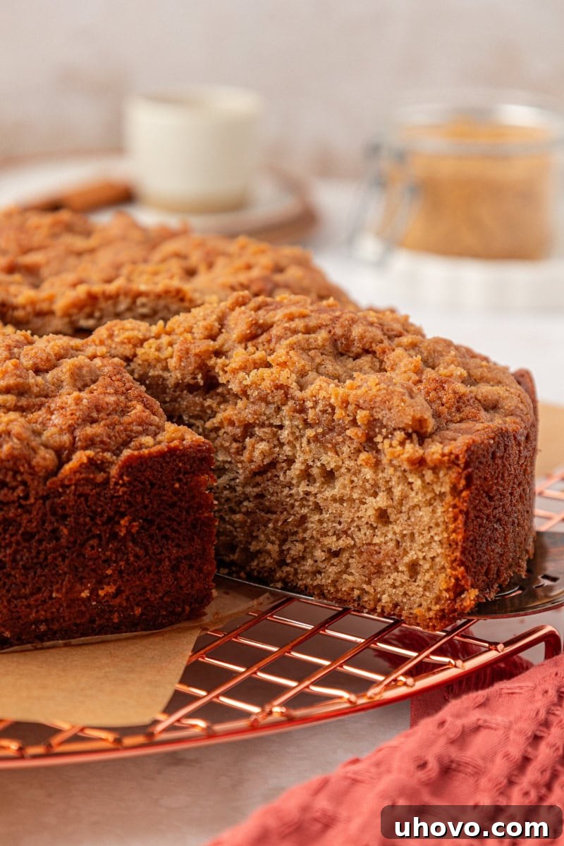 a slice of cinnamon streusel muffin cake on a cake server being removed from the remaining cake
