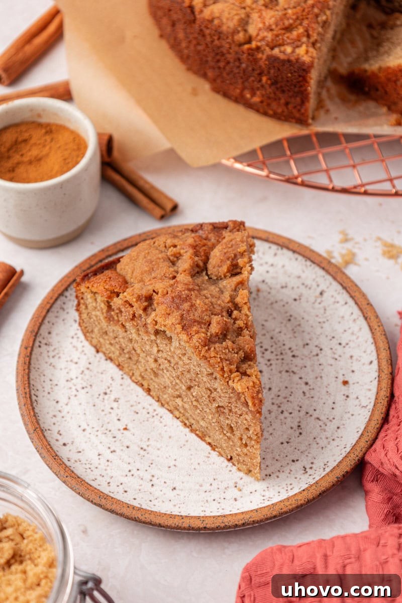 a slice of cinnamon cake with streusel layered through the middle and on top