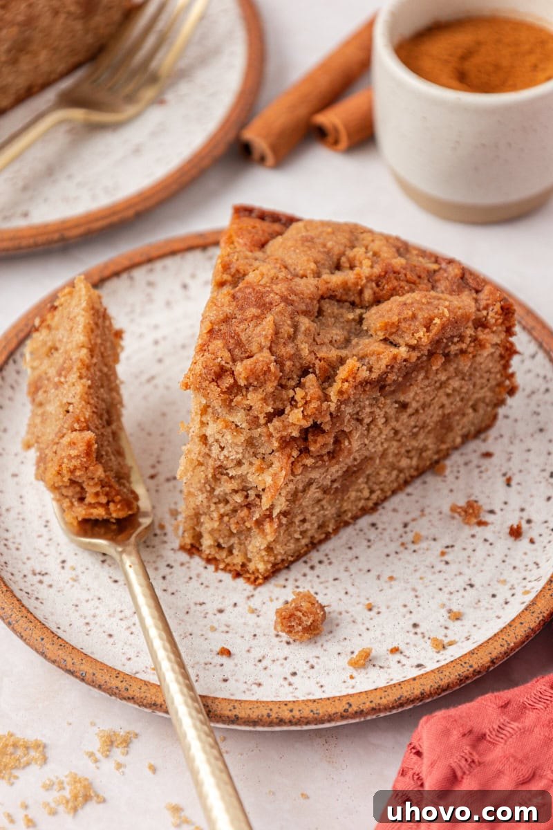 individual slice of cinnamon streusel coffee cake served on a plate with a bite on a fork