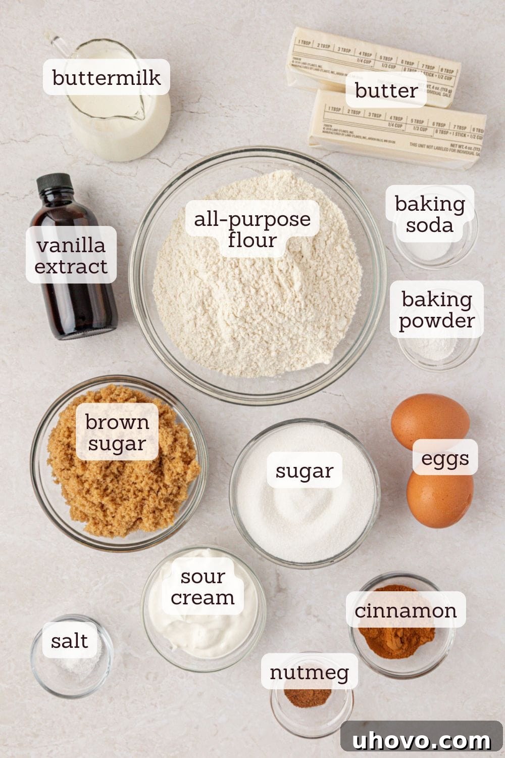 overhead view of ingredients for cinnamon streusel muffin cake