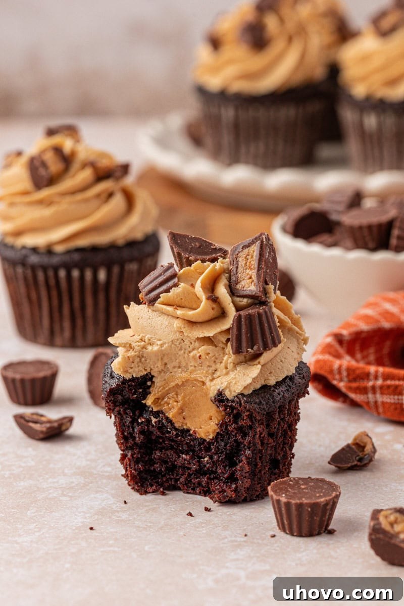 Decadent Chocolate Peanut Butter Cupcakes 11 cut-open chocolate cupcake with peanut butter filling and frosting