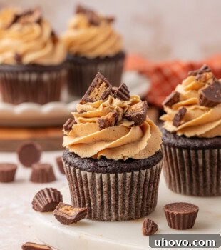 Decadent Chocolate Peanut Butter Cupcakes 16 chocolate cupcakes with peanut butter frosting and hidden peanut butter filling and chopped candy garnish