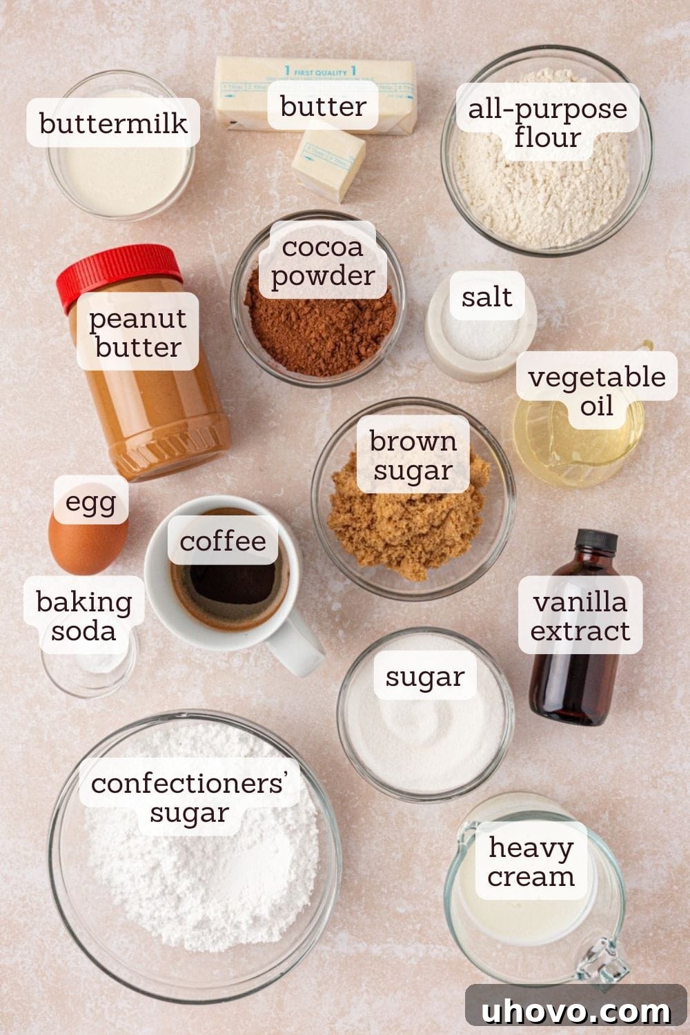 Decadent Chocolate Peanut Butter Cupcakes 3 overhead view of ingredients for chocolate peanut butter cupcakes