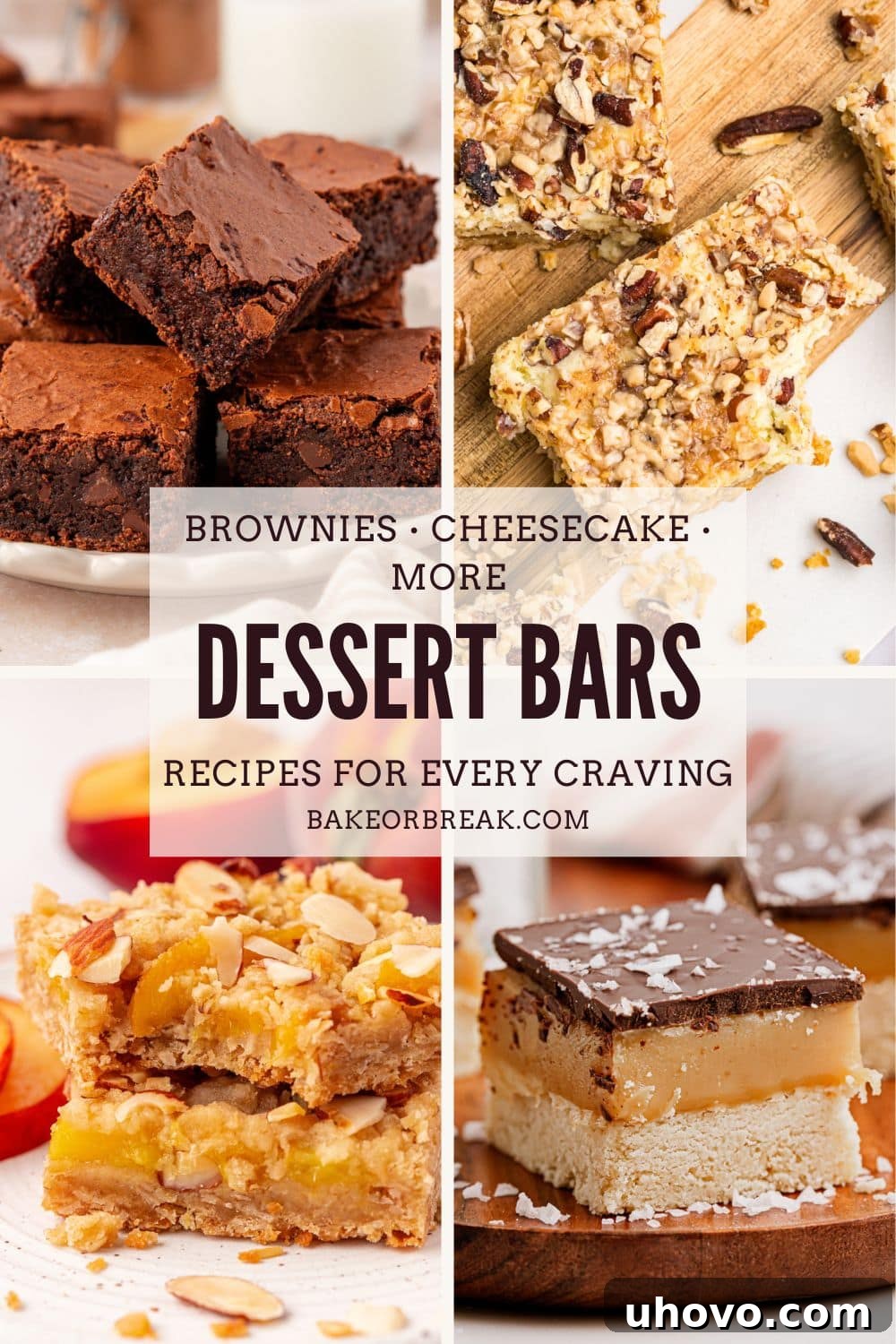 collage of four dessert bars: brown butter brownies, caramel cheesecake bars, peach crumble bars, and millionaire shortbread bars