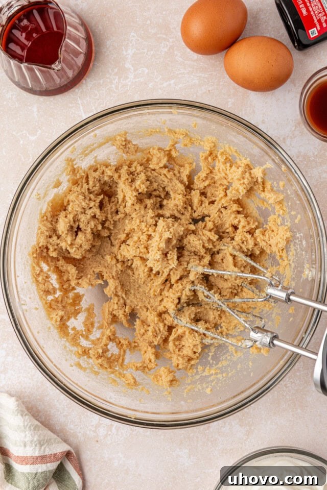 creamed butter and brown sugar in a mixing bowl