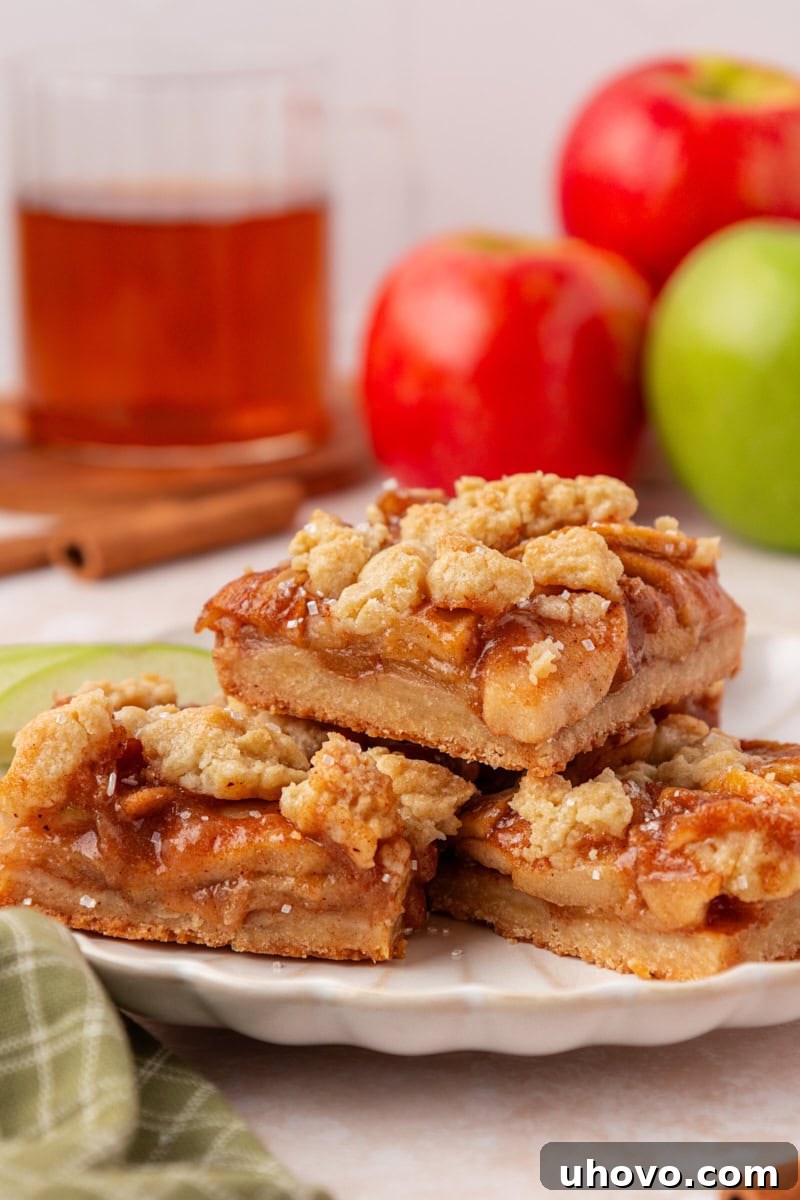 Classic Apple Pie Bars with Cinnamon Streusel 2 three apple pie bars with buttery crust and crumb served on a white plate