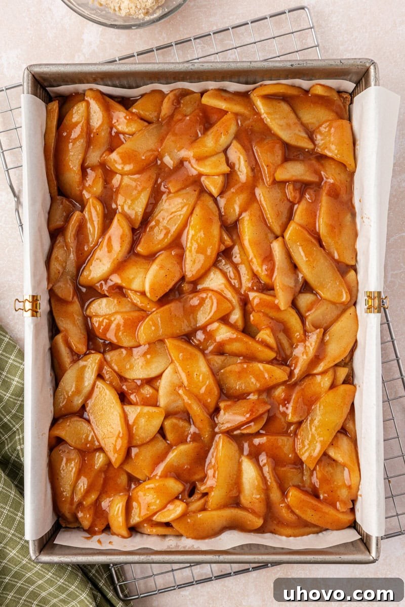 Classic Apple Pie Bars with Cinnamon Streusel 4 overhead view of apple filling on top of partially baked crust