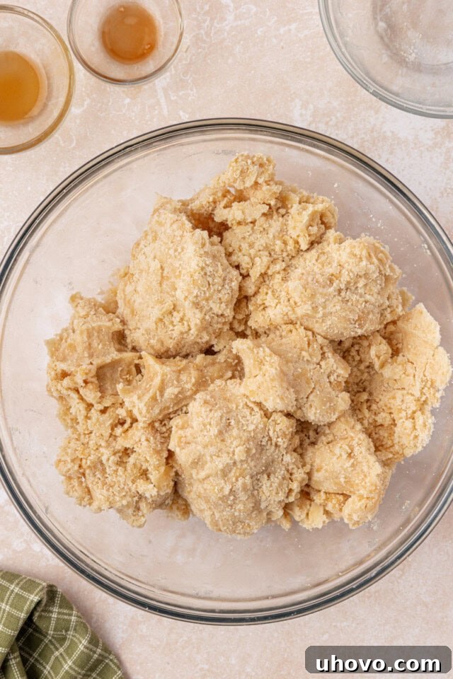 Classic Apple Pie Bars with Cinnamon Streusel 5 overhead view of crust and crumb mixture in a mixing bowl