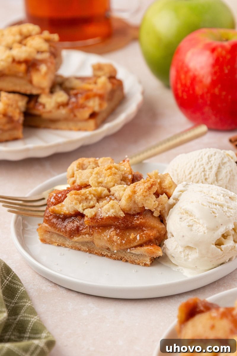 Classic Apple Pie Bars with Cinnamon Streusel 9 an apple pie bar served with ice cream