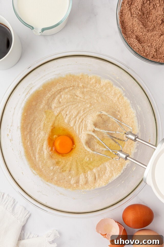egg added to combined butter, sugar, and oil in a mixing bowl