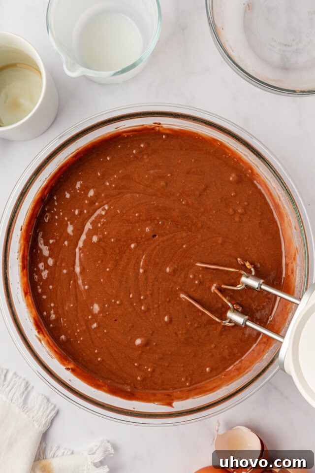 devil's food chocolate cake batter in a mixing bowl
