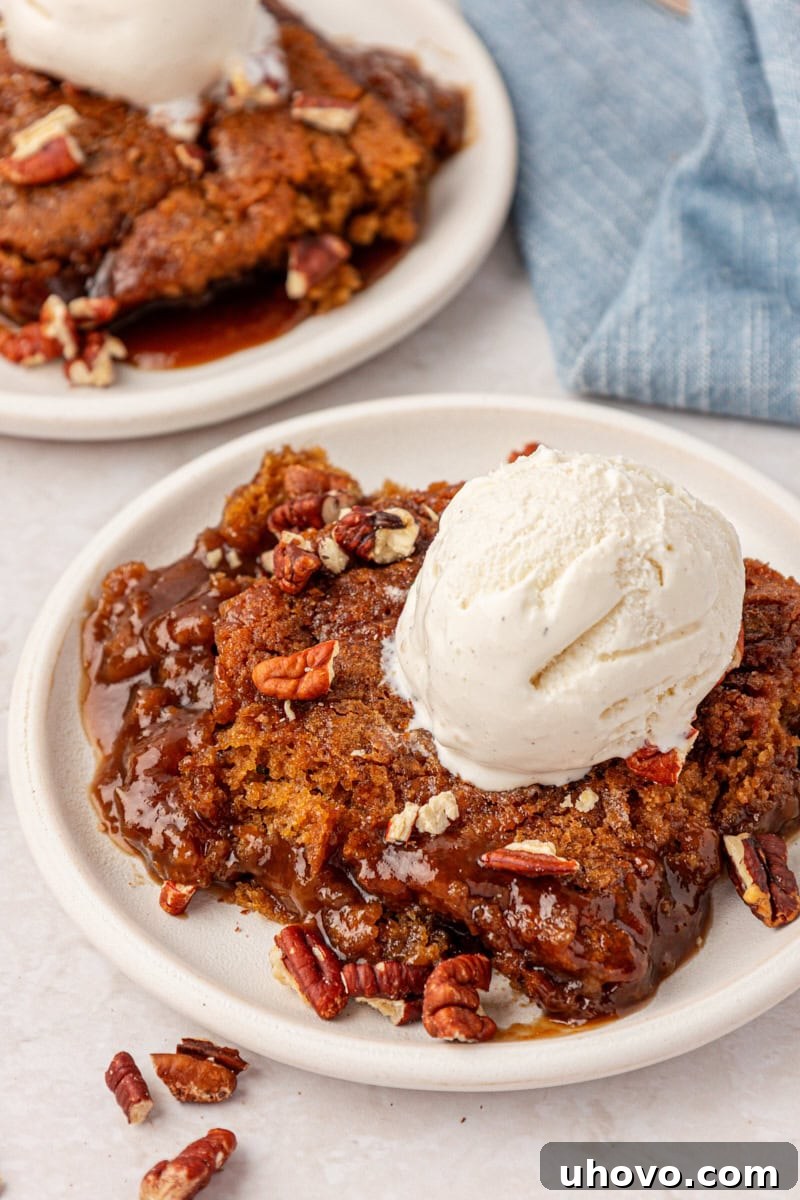 a serving of self-saucing butterscotch pudding cake topped with ice cream and toasted pecans