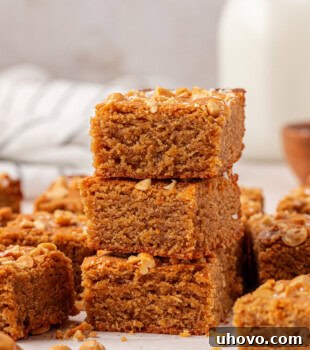 stack of three thick, chewy peanut butter blondies