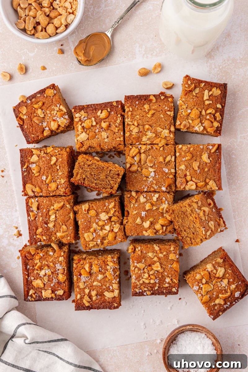 overhead view of peanut butter blondies cut into squares