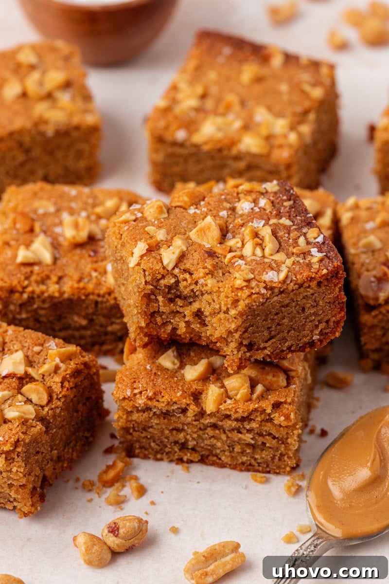 several peanut butter blondies topped with chopped peanuts and flaky salt