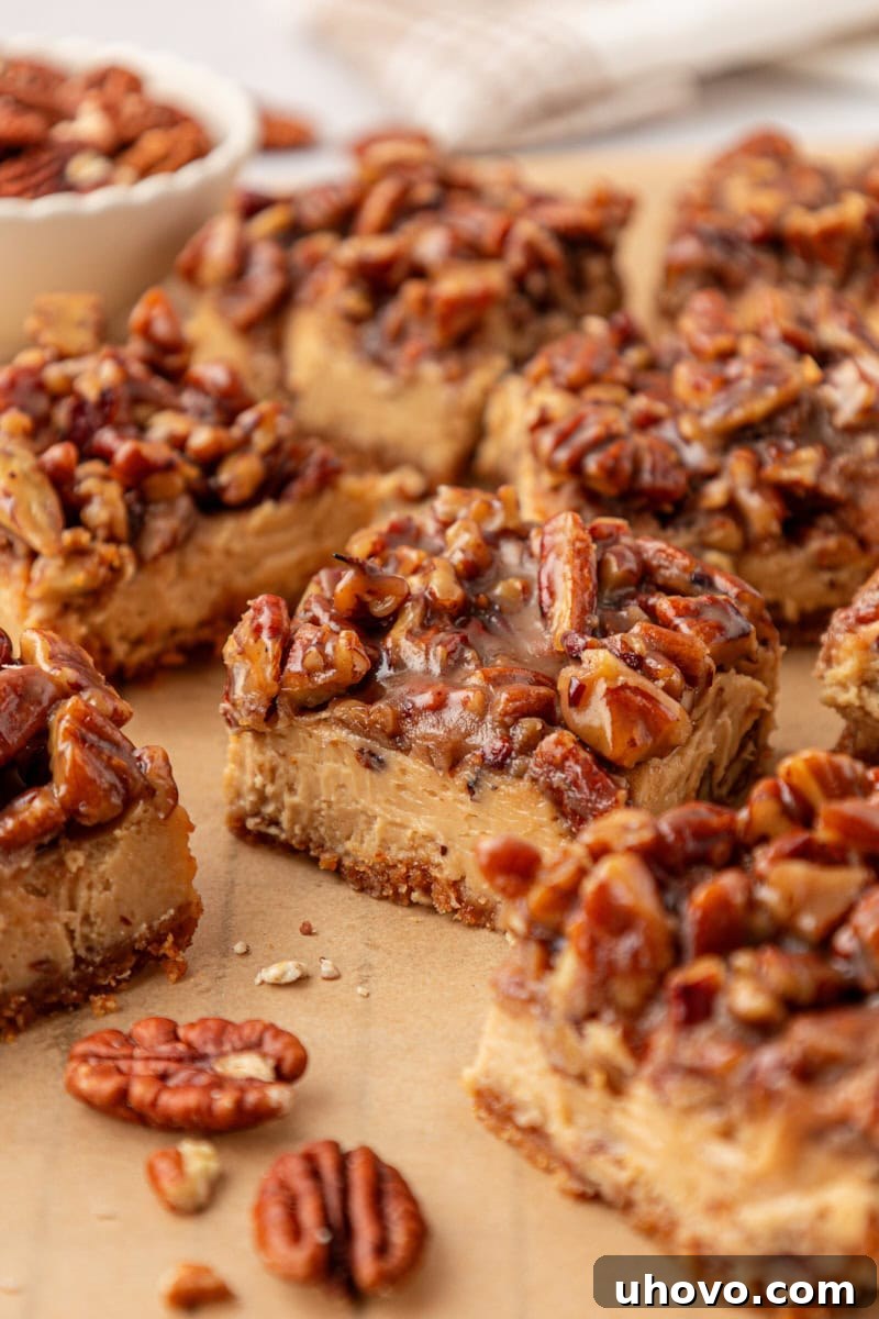 sliced pecan pie cheesecake bars showing the layers of graham cracker crust, brown sugar cheesecake, and gooey pecan topping